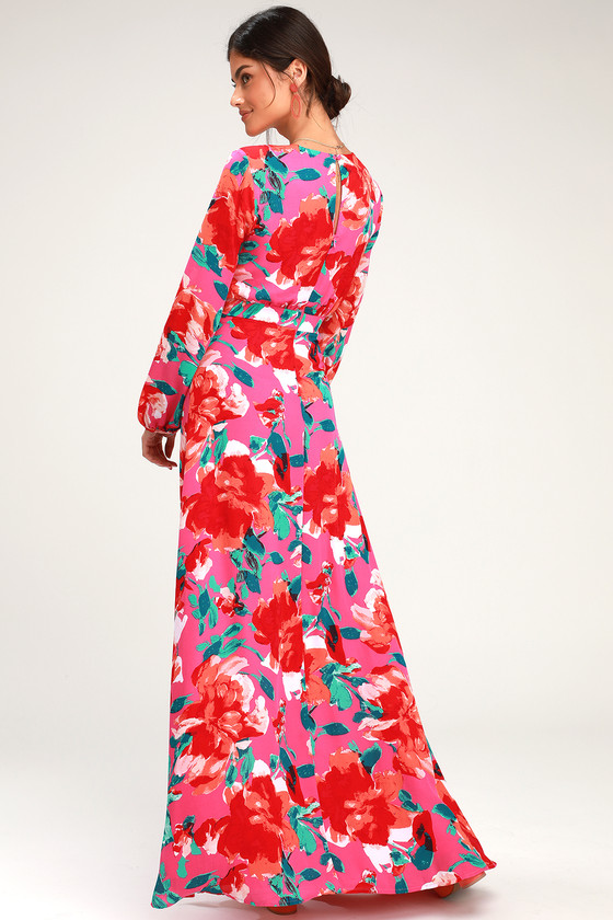 Magenta Floral Print Dress - Maxi Dress ...
